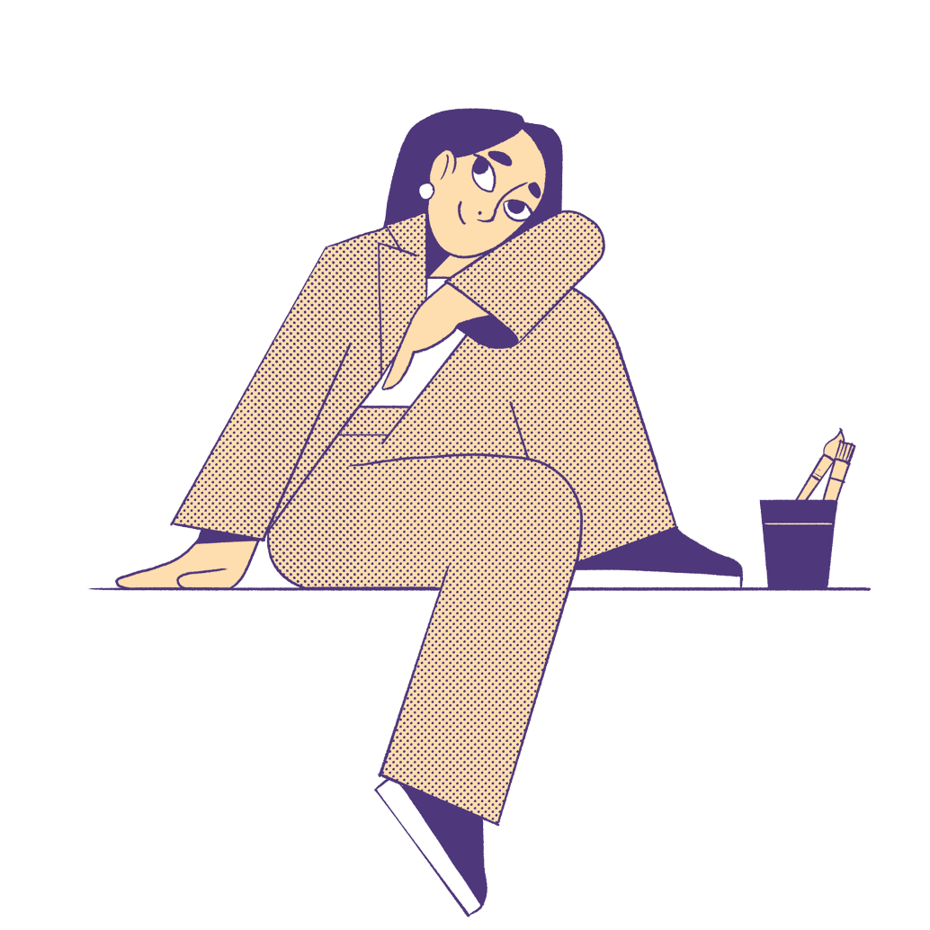 Eine mit Computer gemalte Frau sitzt auf einer unsichtbaren Bank und denkt nach. Vor ihr steht ein Becher mit Stiften. Sie sieht nicht traurig aus.