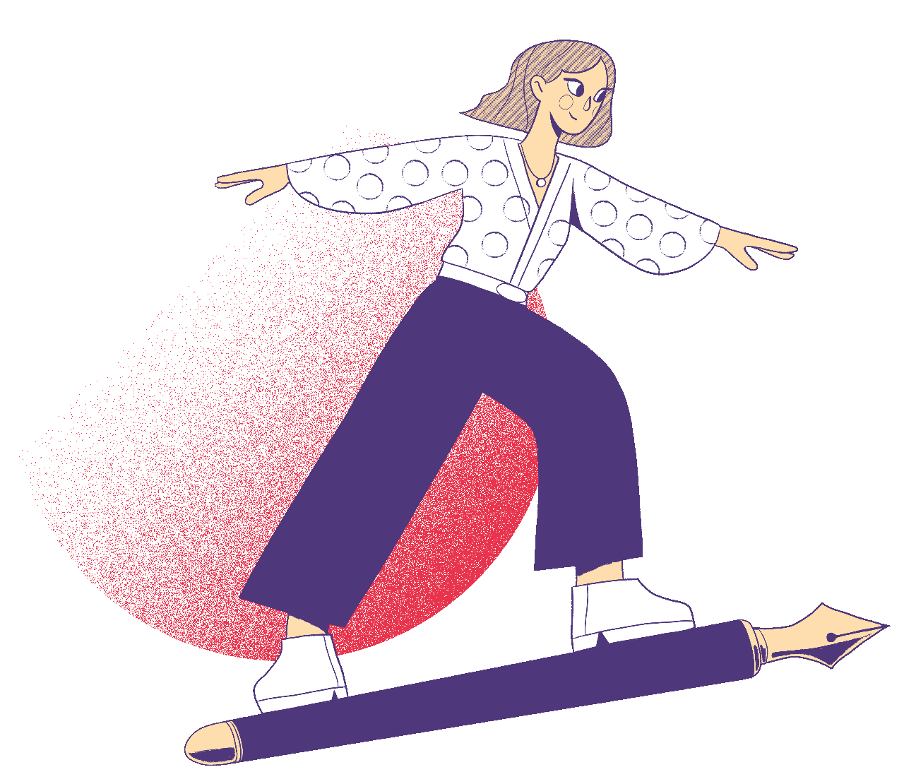 Auf einem mit Computer gemalten Füllfederhalter balanciert fliegend eine Frau, die Sonne im Rücken.