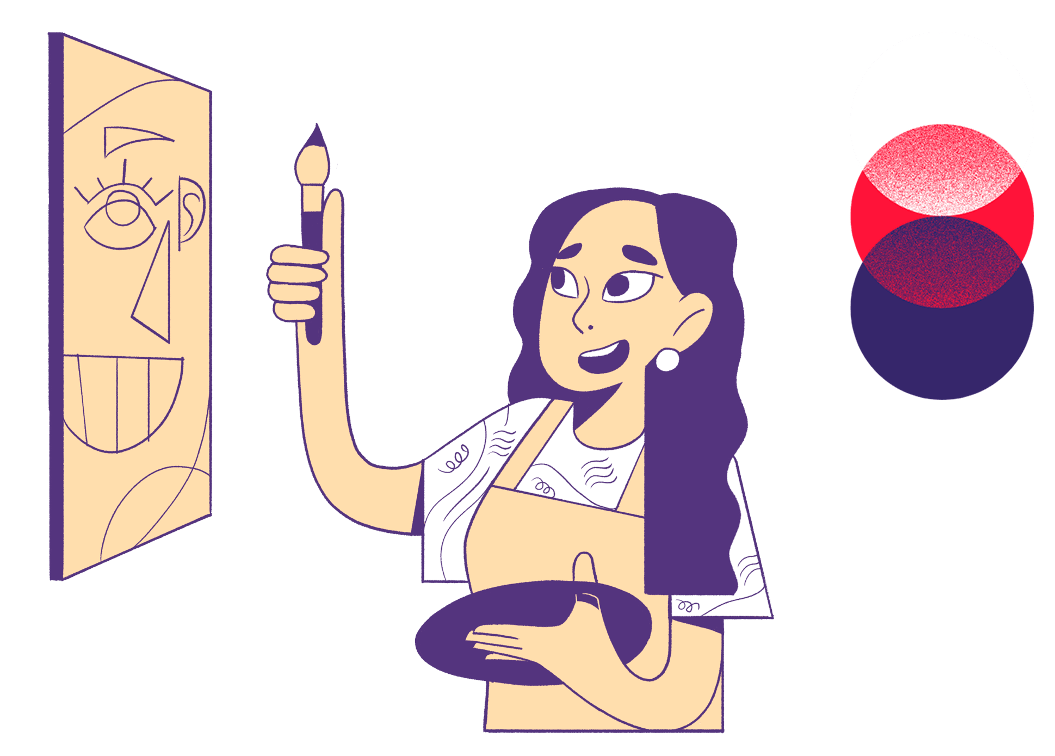 Auf dem Bild ist eine gemalte junge Frau zu sehen, die links eine Palette hält und rechts einen Pinsel. Sie steht vor einem Bild an der Wand, das ein Porträt zeigt - vielleicht ein Selbstporträt?